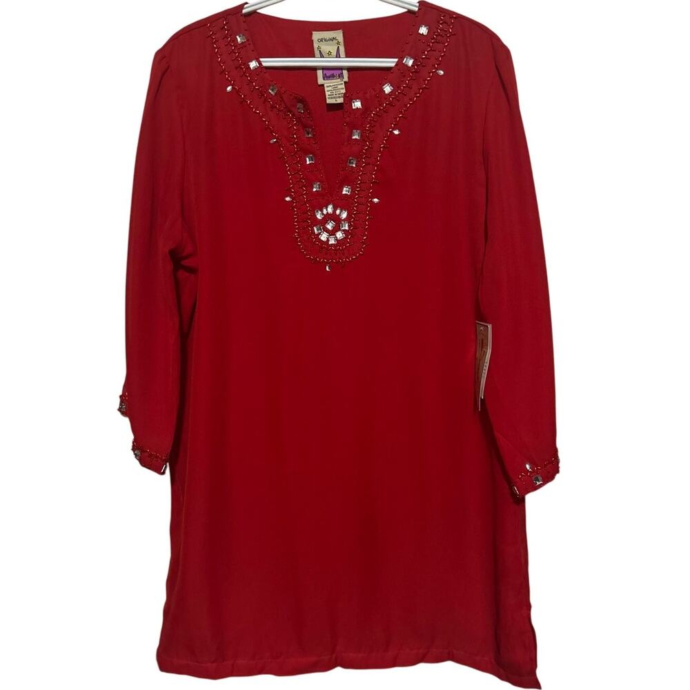 Original Anthony Women's Red V-Neck Quarter Sleeve Embellished Blouse Size L‎